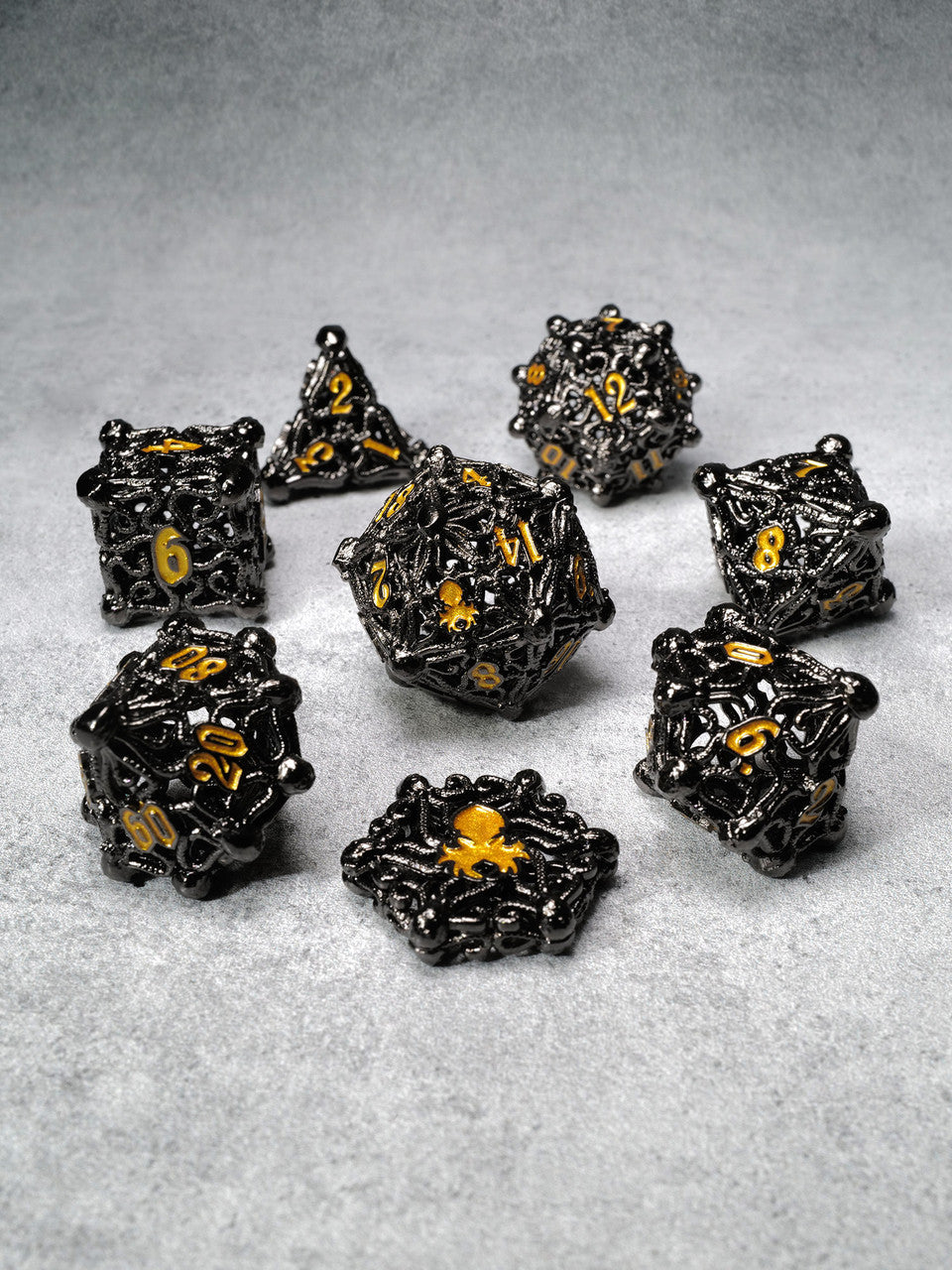 Kraken's Cabal Steel w/ Gold Ink 8 piece Metal Dice Set